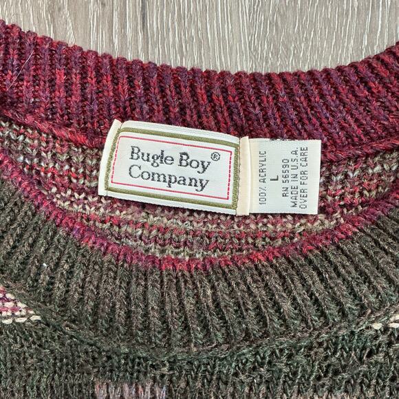 Vintage Bugle Boy Sweater Red Brown Cosby Fair Isle Grandpa Mens Large - Picture 2 of 8
